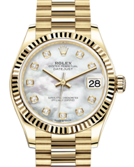 Rolex Lady-Datejust 31 Yellow Gold White Mother of Pearl Diamond Dial & Fluted Bezel President Bracelet 278278