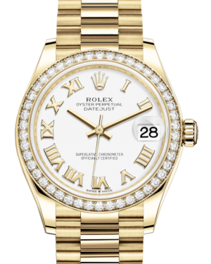 Rolex Lady-Datejust 31 Yellow Gold White Roman Dial & Diamond Bezel President Bracelet 278288RBR