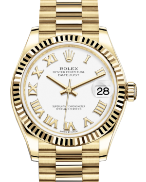 Rolex Lady-Datejust 31 Yellow Gold White Roman Dial & Fluted Bezel President Bracelet 278278