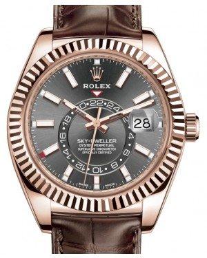 Rolex Sky-Dweller Rose Gold Dark Rhodium Index Dial Fluted Bezel Leather Strap 326135